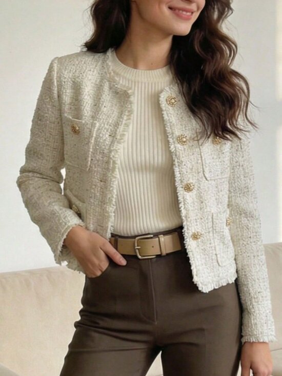 Jackets & Blazers - Beige Elegant Women's Casual Loose French Button Tweed Fringe Short Jacket